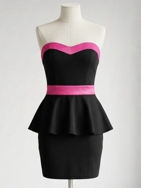 Material Girl| Fun Strapless Peplum Black/Pink Party Mini Dress Sz M